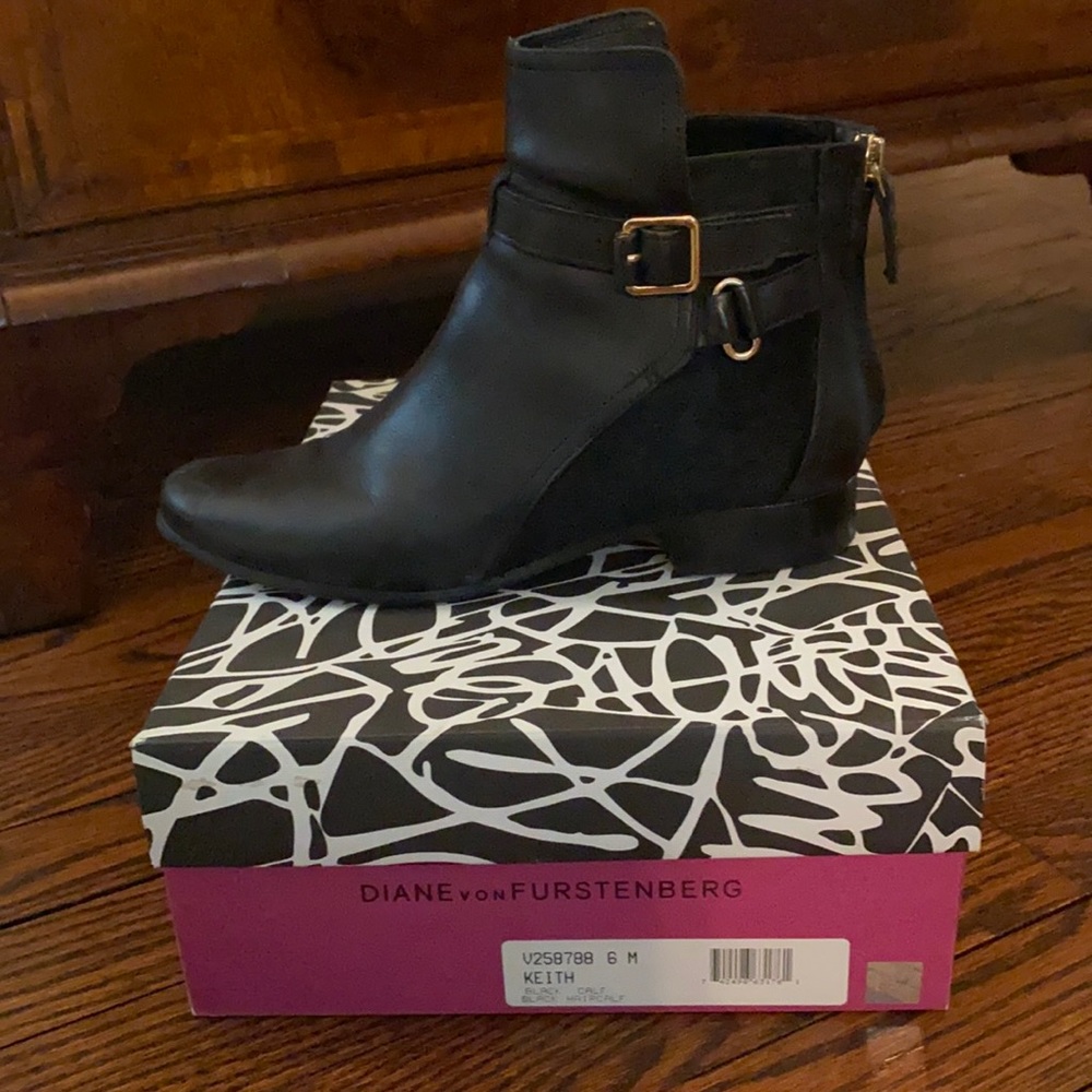 DVF black leather and calf hair “Keith” ankle boot